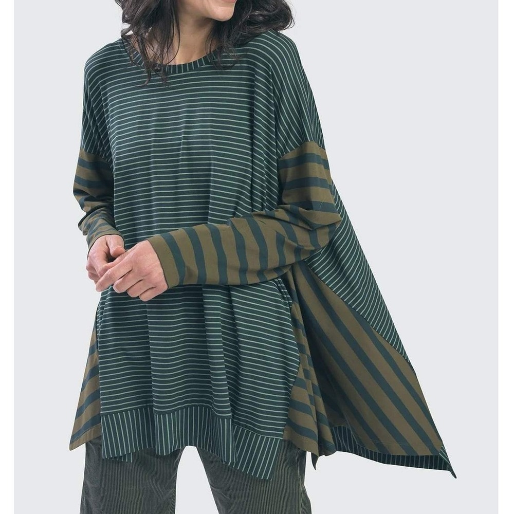 Alembika Green Striped Spruce Stripe Trapeze Long Sleeve Top Lagenlook Small